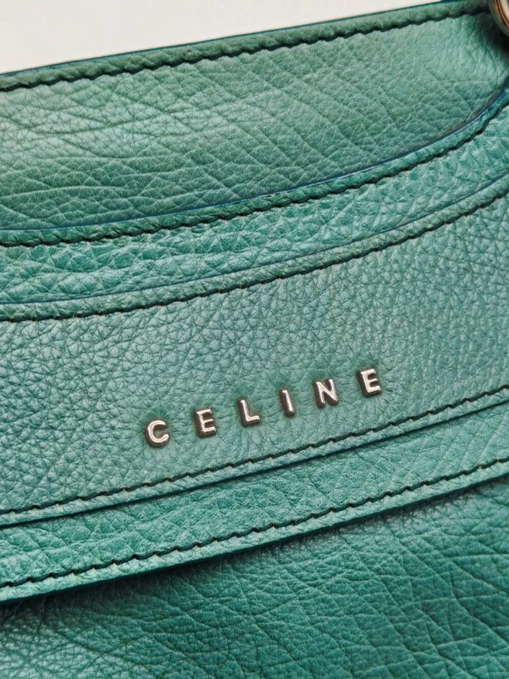 Celine Pebbled Leather Satchel Handbag Turquoise Blue Teal Silver Hardware